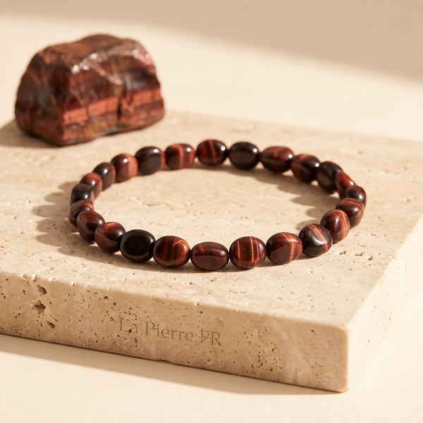 Bracelet œil de taureau pour homme et femme, pierres roulées rouge brun chatoyantes