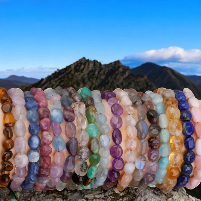 Bracelets en pierres roulées naturelles forme pépite – bijoux de lithothérapie La Pierre FR pour énergie et équilibre intérieur.