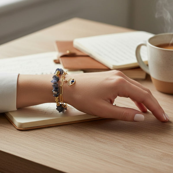 Bracelet mauvais œil en sodalite porté au poignet d'une femme, pierres bleues et chaîne dorée OCULUS®