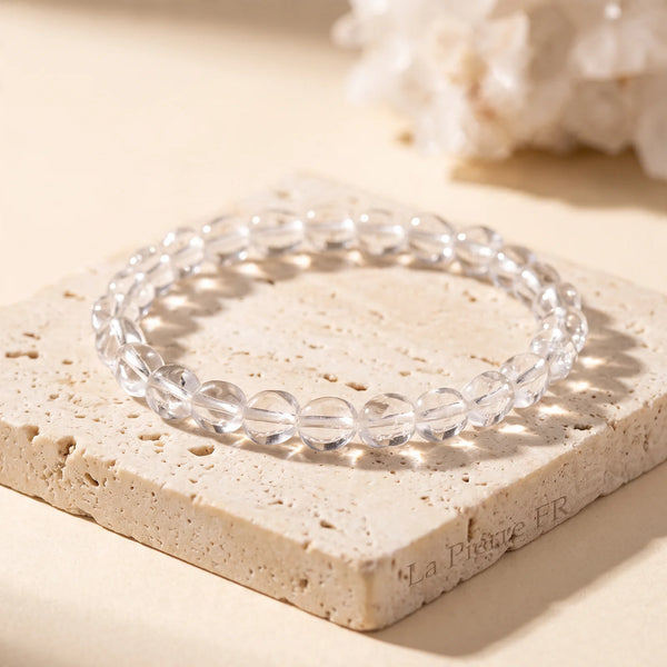 Bracelet cristal de roche transparent, pierres roulées de quartz clair sur élastique