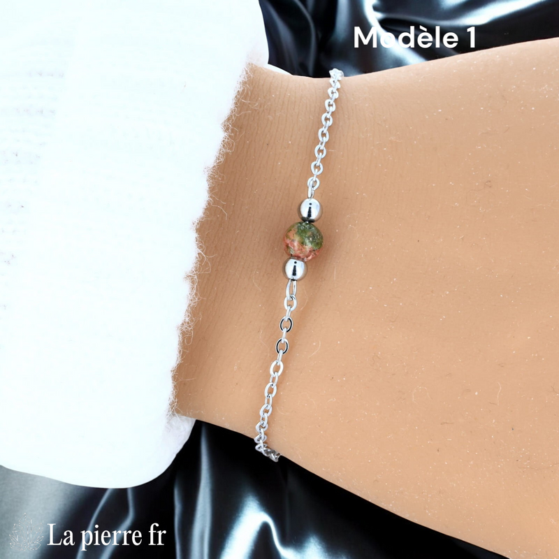 Bracelet unakite modèle une perle de 6 mm sur chaîne fine argentée