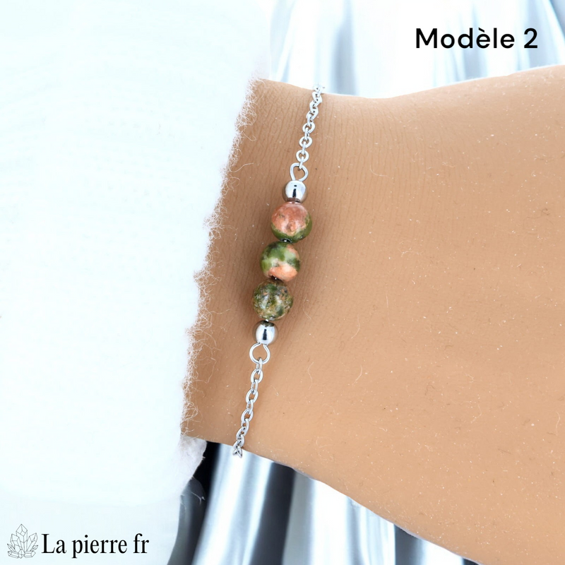 Bracelet unakite modèle trois perles de 6 mm, chaîne argentée