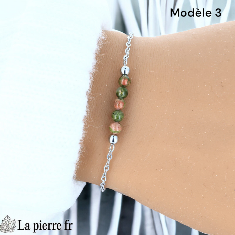 Bracelet unakite modèle cinq perles de 4 mm sur chaîne fine argentée