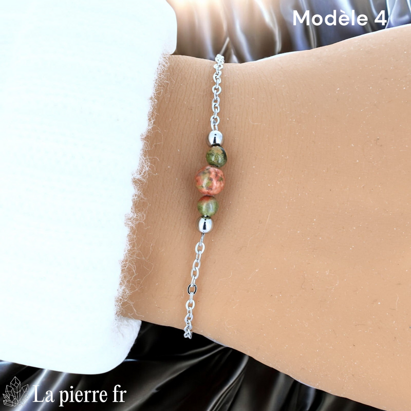 Bracelet unakite perle centrale 6 mm encadrée de deux perles 4 mm, finition argentée