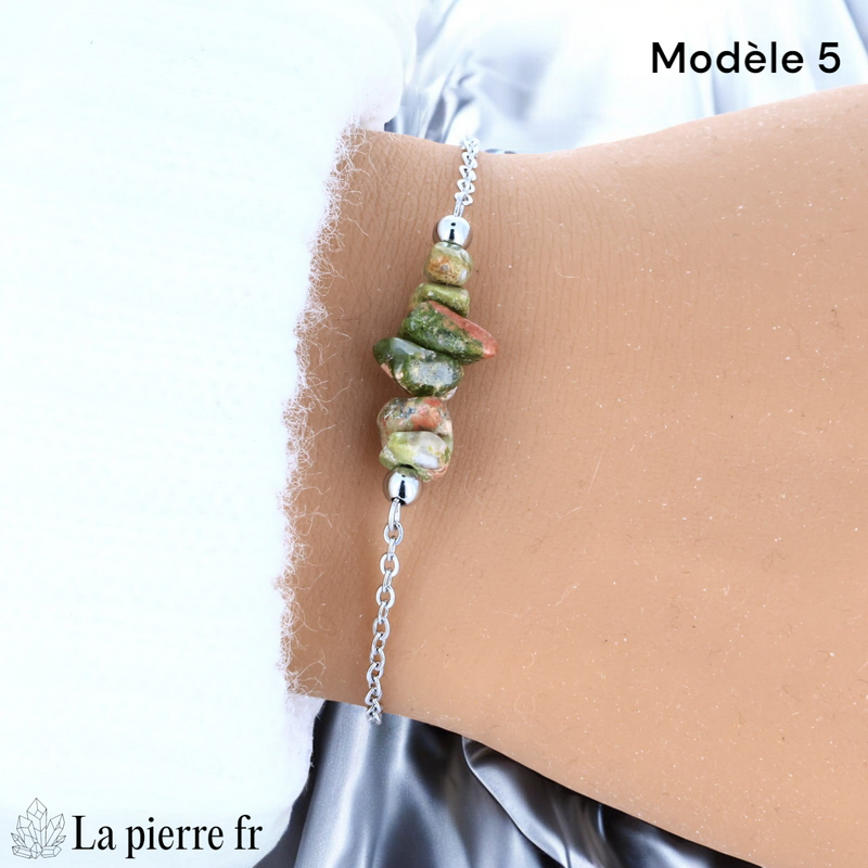 Bracelet unakite brute d'environ 2 cm sur chaîne argentée