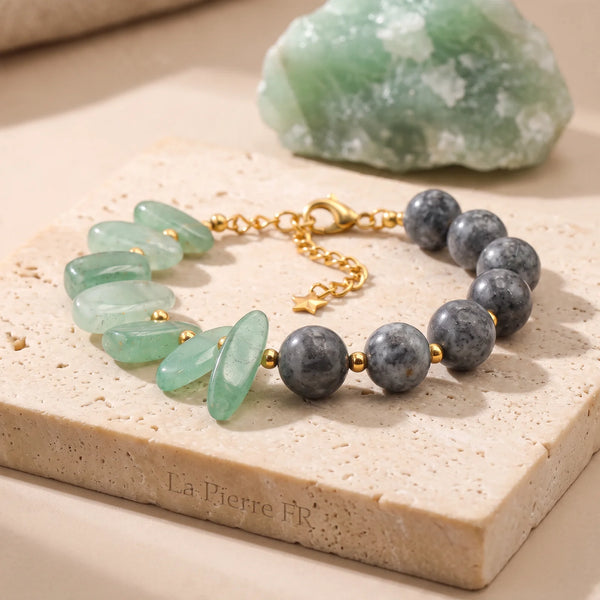 Bracelet aventurine verte et émeraude sur chaîne dorée, bijou en pierre verte naturelle