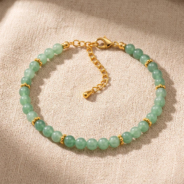 Bracelet pierre naturelle verte ORÉLIA® en perles d'aventurine verte de 4 mm, rondelles fleurs dorées