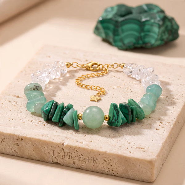 Bracelet malachite femme avec aventurine verte et cristal de roche sur chaîne dorée réglable