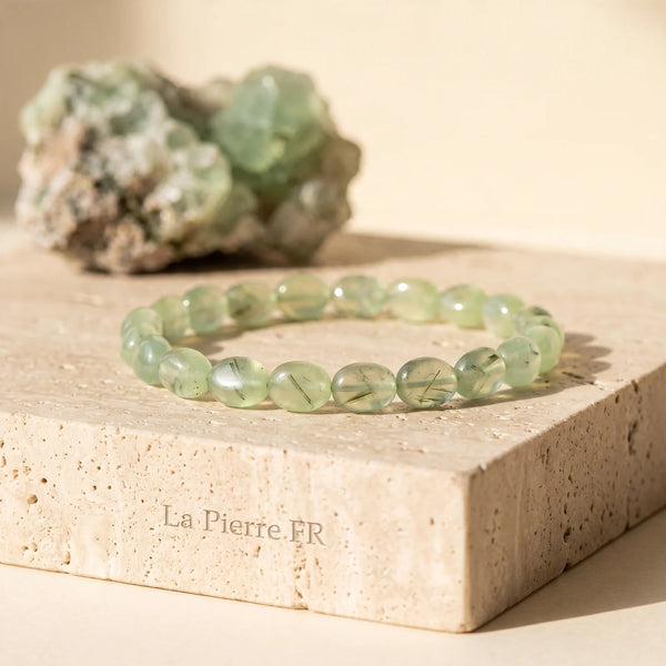 Bracelet en préhnite vert clair, pierres roulées translucides en pierre naturelle