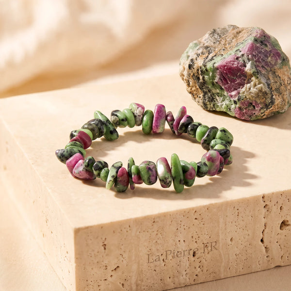 Bracelet en rubis zoïsite vert et rose, pépites de pierre naturelle, idée cadeau