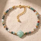 Bracelet Trèfle Femme TRÉFLIA®, Aventurine Verte et Agate Indienne, Chaîne Dorée