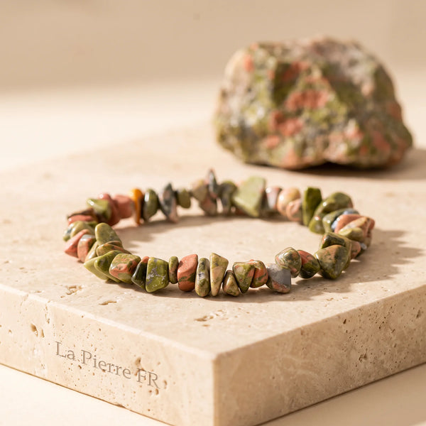 Bracelet en unakite verte et rose, pépites baroques en pierre naturelle