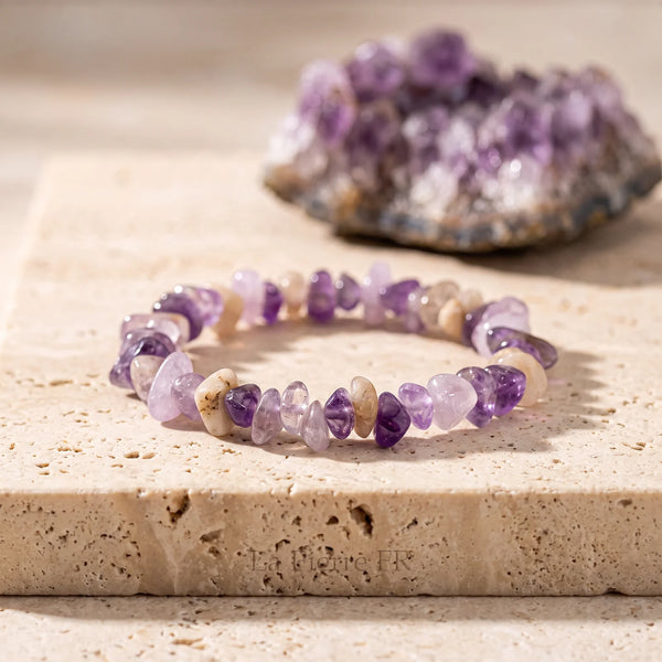 Bracelet en améthyste violette, pépites de pierre naturelle, idée cadeau femme et homme