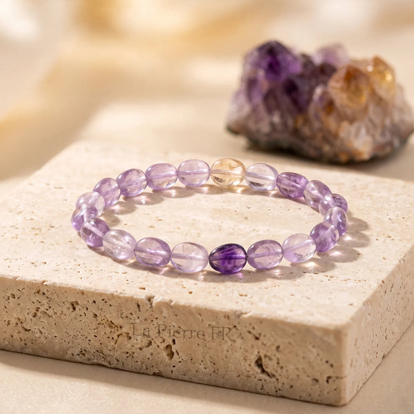 Bracelet en amétrine violette et dorée, pierres roulées de lithothérapie sur fil élastique