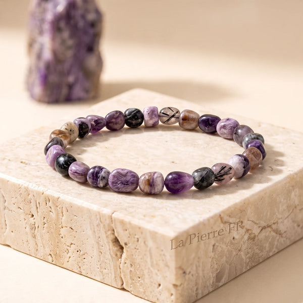 Bracelet charoïte, pierres roulées violettes aux motifs fibreux, bijou de spiritualité