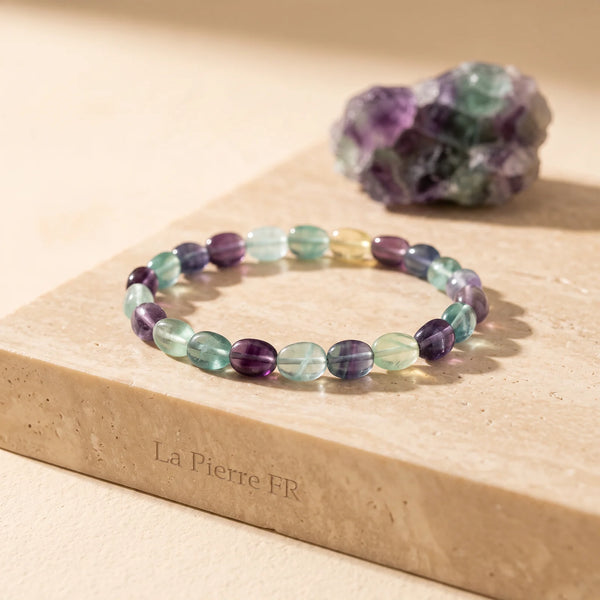 Bracelet en fluorite violette et verte, pierres roulées naturelles, idée cadeau femme et homme