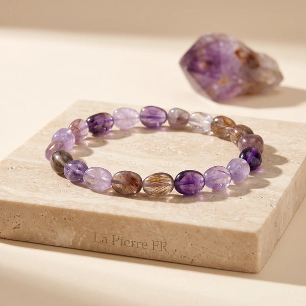 Bracelet Super Seven en pierres roulées violettes, cacoxénite et améthyste naturelles