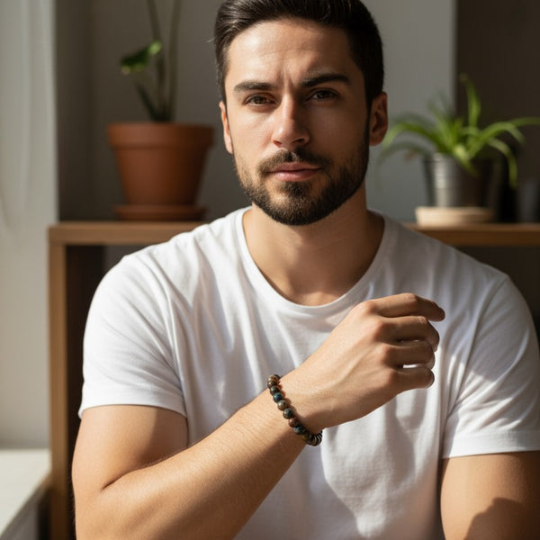 Bracelet Piétersite en pierre naturelle porté au poignet par un homme