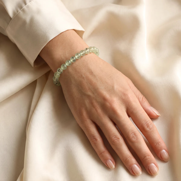 Bracelet préhnite femme en perles de 6 mm vert pâle, pierre naturelle translucide, idée cadeau femme