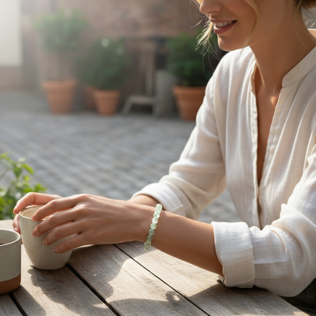 Bracelet Préhnite en pierre naturelle porté au poignet par une femme