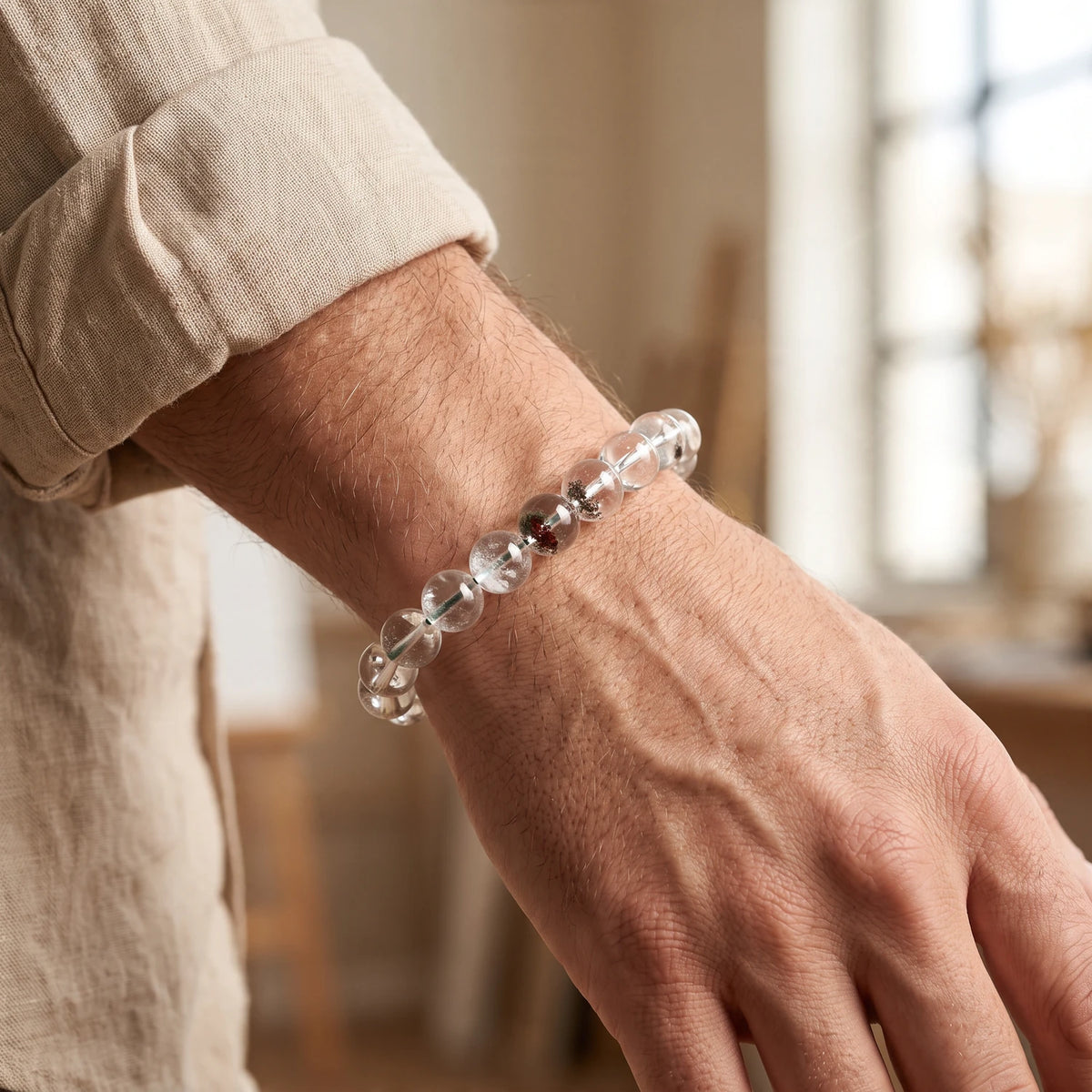 Bracelet quartz à chlorite homme en perles de 8 mm, cristal naturel transparent, idée cadeau homme