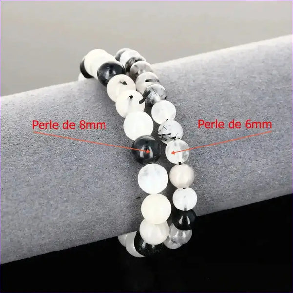 Bracelet lithothérapie sur mesure (12-18cm) en Quartz Tourmaline (perles 6/8mm). Alliance naturelle pour protection, ancrage & clarté.