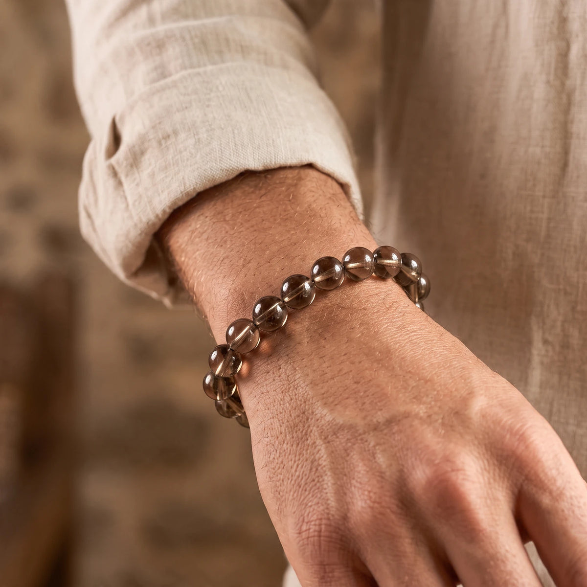 Bracelet quartz fumé homme en perles de 8 mm, pierre naturelle marron translucide, cadeau homme