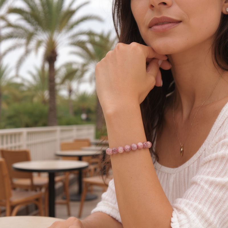 Bracelet Quartz hématoïde en pierre naturelle porté au poignet par une femme