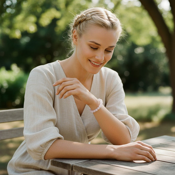 Bracelet Quartz rose dépoli en pierre naturelle porté au poignet par une femme