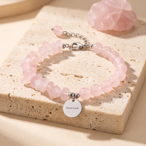 Bracelet quartz rose DUO®, pierre baroque rose et perles de 6 mm sur chaîne en acier argenté
