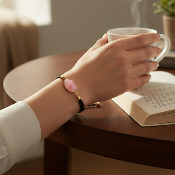 Bracelet Quartz rose ÉCLIPSE® porté au poignet, bijou fin avec pierre ovale facettée