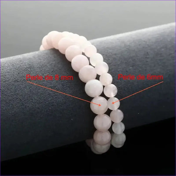 Détail perles rose clair du bracelet pierre naturelle Quartz Rose véritable. Qualité lithothérapie pour le chakra du cœur.