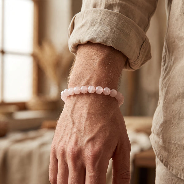 Bracelet quartz rose homme en perles de 8 mm, pierre naturelle rose portée au poignet