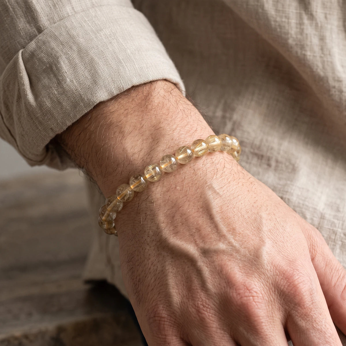 Bracelet quartz rutile homme en perles de 8 mm, pierre naturelle dorée au poignet, cadeau pour homme