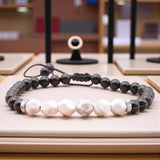 Bracelet réglable en pierres Howlite blanche & Onyx noir