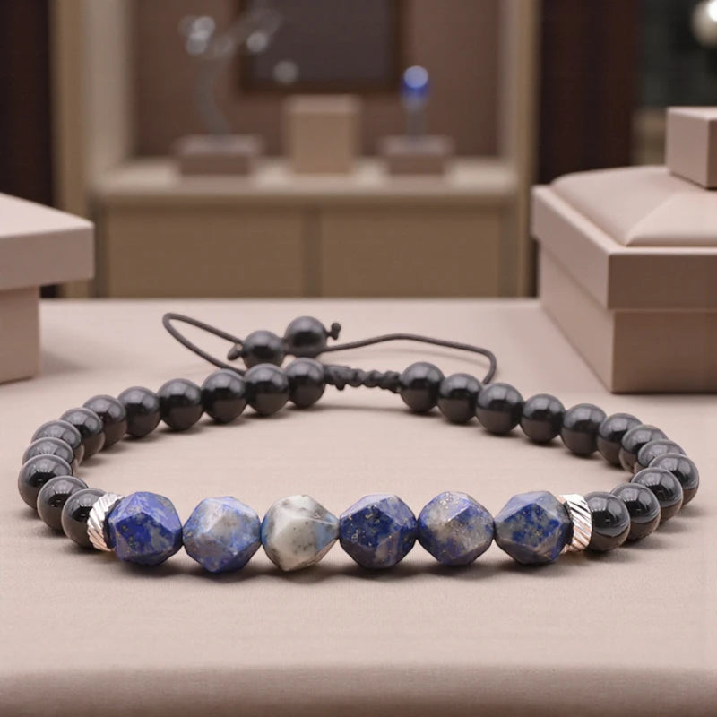 Bracelet réglable homme en pierres Lapis Lazuli et Onyx noir