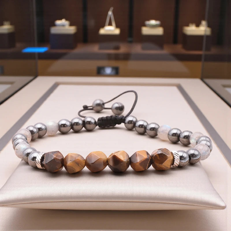 Bracelet réglable homme en pierres Œil de Tigre Labradorite et Hématite