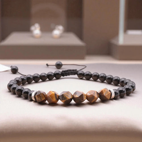 Bracelet réglable en pierres Œil de Tigre & Onyx noir