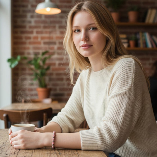 Bracelet Rhodochrosite en pierre naturelle porté au poignet par une femme