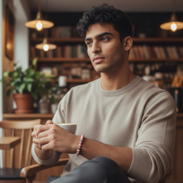 Bracelet Rhodochrosite en pierre naturelle porté au poignet par un homme