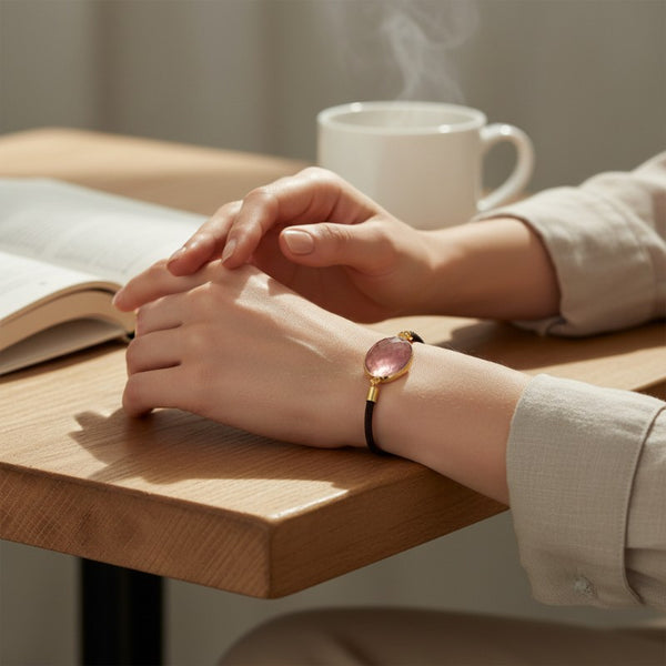 Bracelet Rhodonite ÉCLIPSE® porté au poignet, bijou fin avec pierre ovale facettée