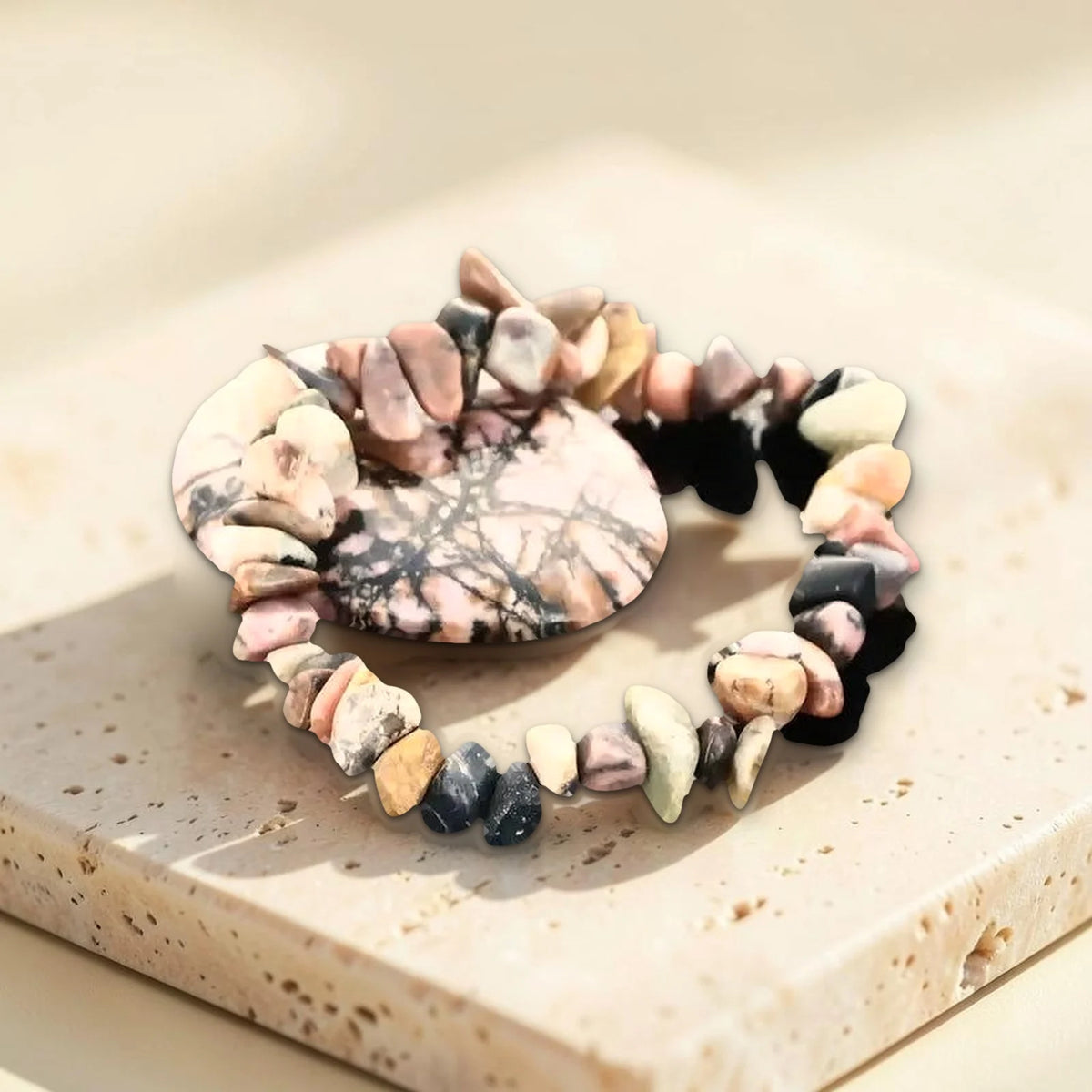 Photo réelle du bracelet rhodonite et de sa pierre roulée rose aux veines noires