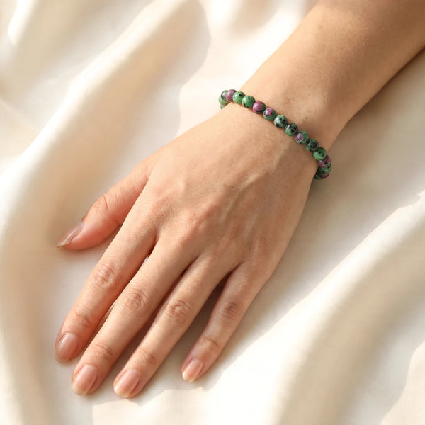 Bracelet rubis zoïsite femme en perles de 6 mm, pierre naturelle verte et rose, bijou fin idée cadeau