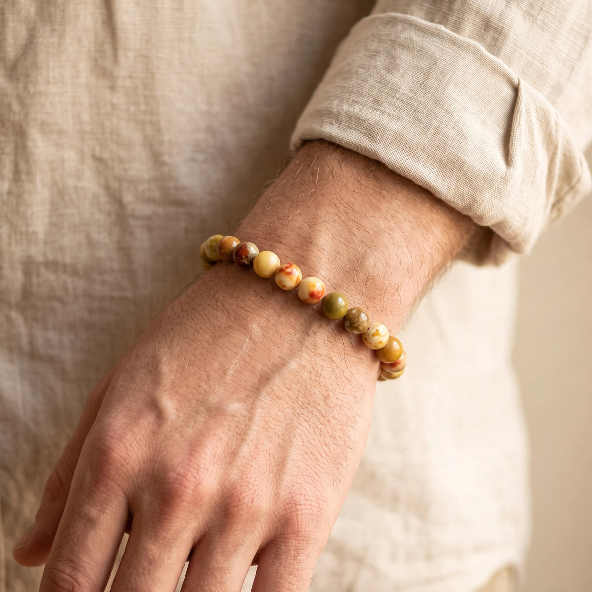 Bracelet serpentine homme en perles de 8 mm, pierre jaune naturelle, idée cadeau pour homme