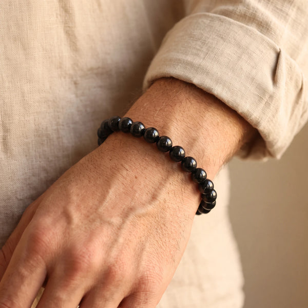 Bracelet tourmaline noire homme en perles de 8 mm, pierre naturelle noire brillante au poignet