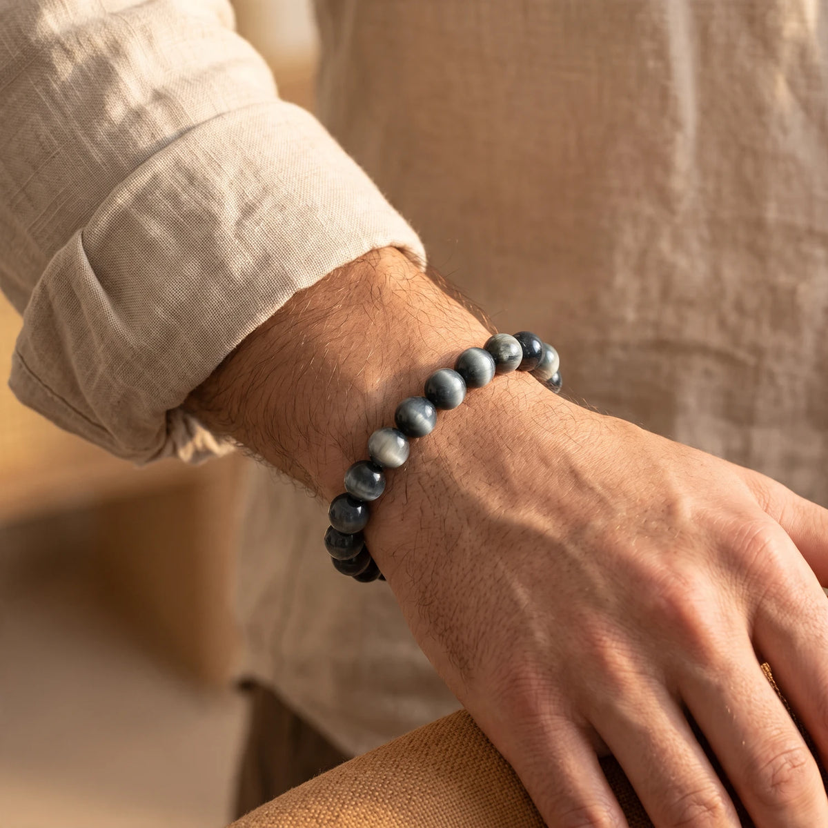 Bracelet tourmaline œil de chat homme en perles de 8 mm, pierre grise naturelle, cadeau homme