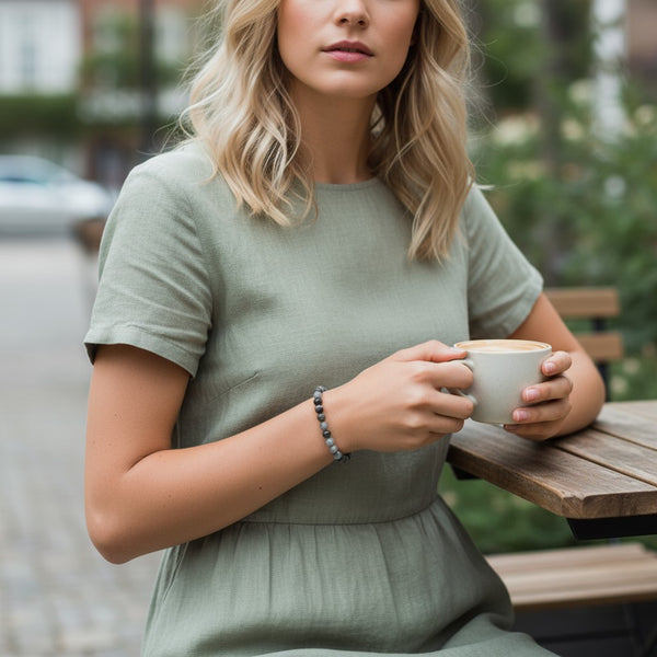 Bracelet Tourmaline œil de chat en pierre naturelle porté au poignet par une femme