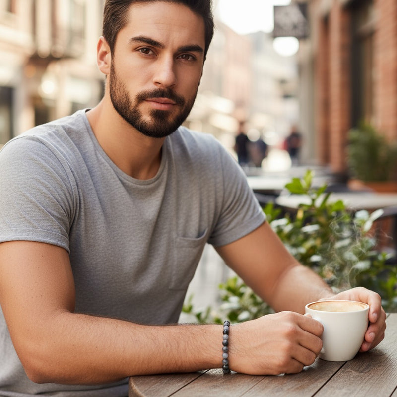 Bracelet Tourmaline œil de chat en pierre naturelle porté au poignet par un homme