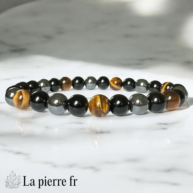 Bracelet homme triple protection La Pierre Fr avec perles 8mm Hématite, Obsidienne Noire et Oeil de Tigre, longueur 22cm, synergie de force.