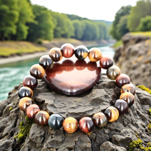 Bracelet triple protection en pierre naturelle avec perles rondes œil de tigre, faucon et taureau